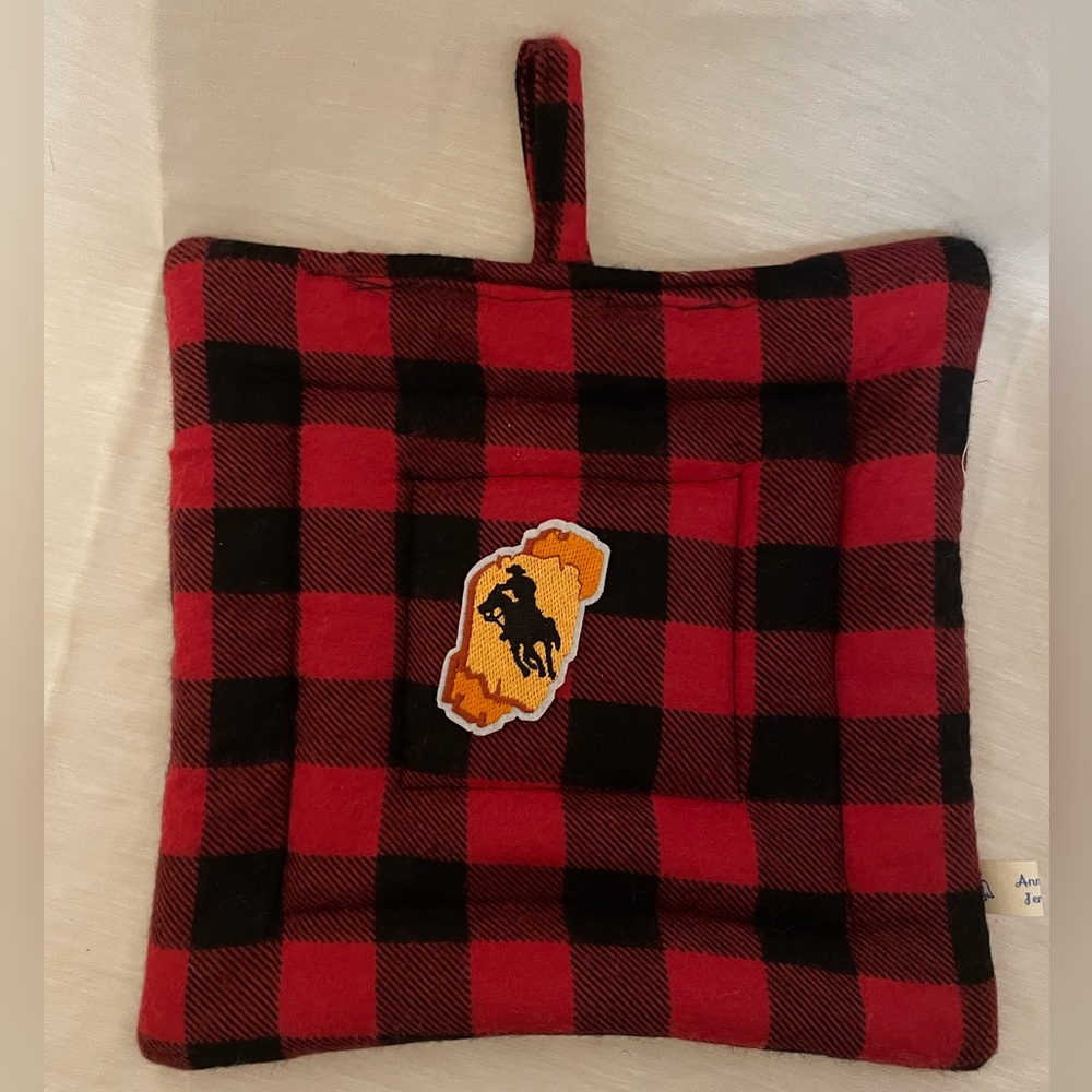 Red and Black Plaid Pot Holder with Cowboy Patch